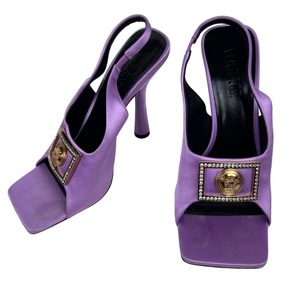 Versace Square Tow Lilac Satin Slingback Open Toe Pumps - Picture 1 of 9